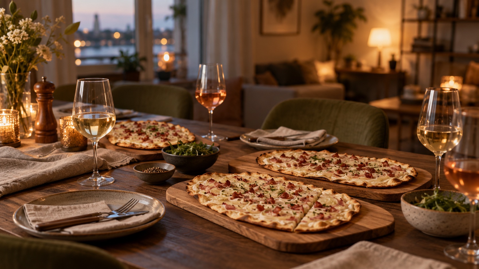 KI-generiertes Symbolbild: Flammkuchen und Weingläser auf einem gedeckten Holztisch bei warmem Abendlicht.