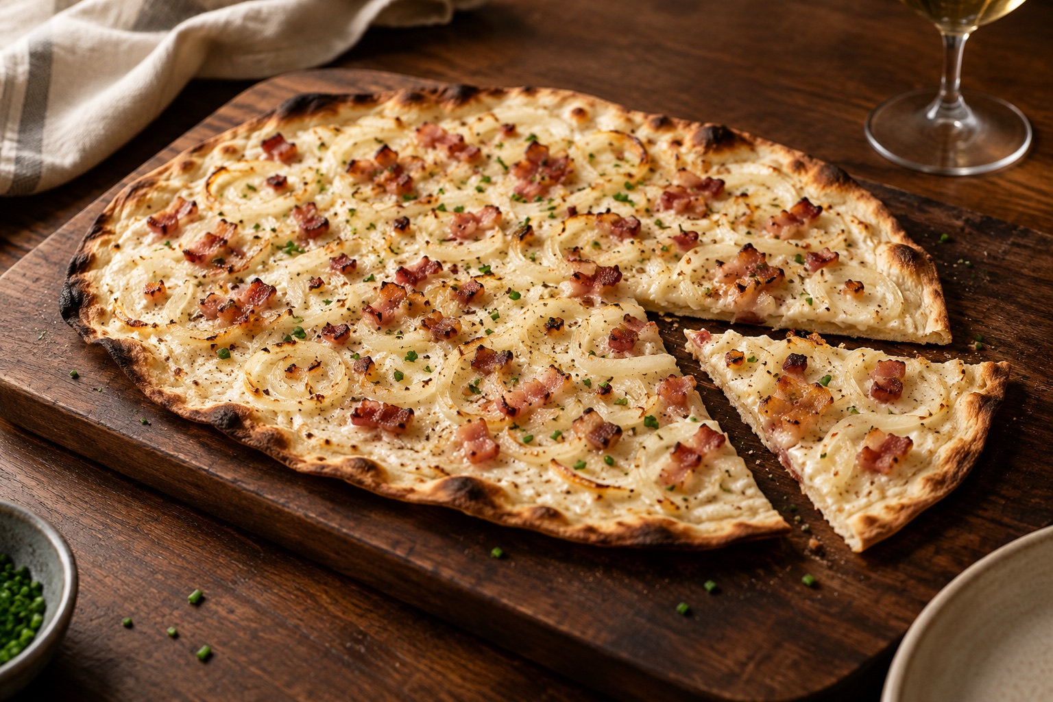 KI-generiertes Symbolbild: Dünner Flammkuchen mit Zwiebeln, Speck und Kräutern auf einem Holzbrett.