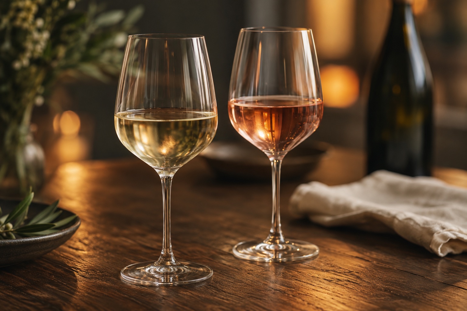 KI-generiertes Symbolbild: Ein Glas Weißwein und ein Glas Rosé auf einem Holztisch bei warmem Licht.